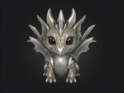 Silver Baby Dragon Figurine With Spiked Back Wings And Big Eyes 3d model