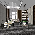 Hotel Mahjong Room Interior With Modern Design Luxurious Decor Mahjong Tables And Hanging Chandeliers