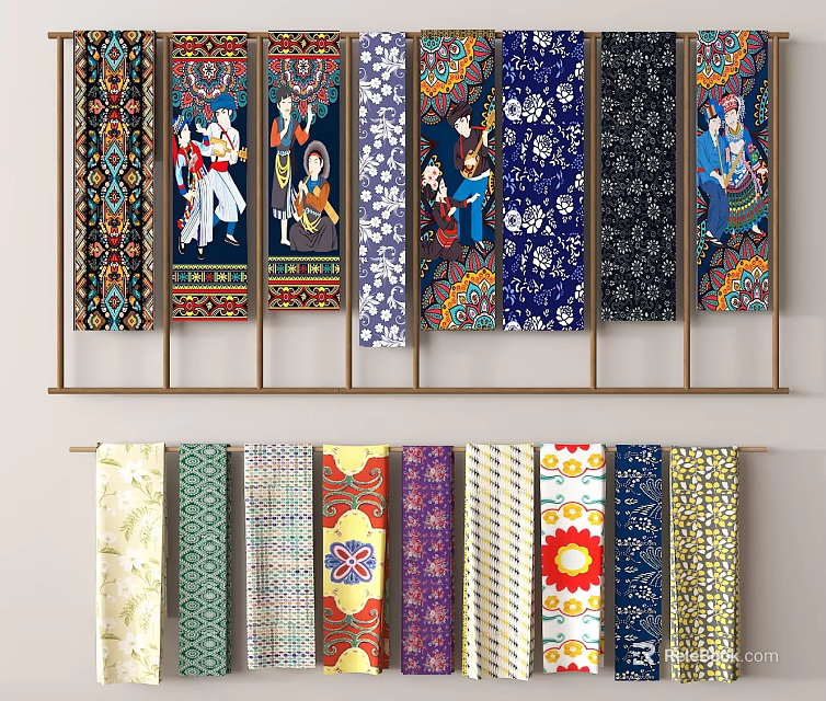 Colorful Decorative Fabrics With Various Patterns Hanging On Wall Mounted Rack 3d model