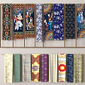 Colorful Decorative Fabrics With Various Patterns Hanging On Wall Mounted Rack 3d model