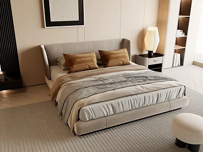 Modern Double Bed With Gray Headboard Brown Pillows Striped Blanket Nightstand And Lamp 3d model