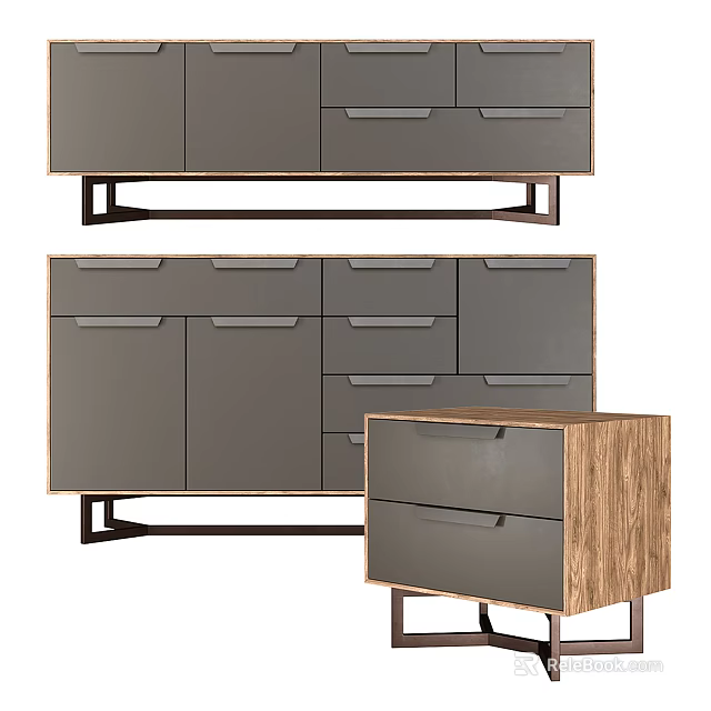 Modern Entryway And Side Cabinets With Grey Doors Drawers Wooden Accents And Metal Frames 3d model 