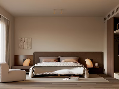Modern Minimalist Bedroom Interior With Platform Bed Nightstands Table Lamps And Wall Art 3d model