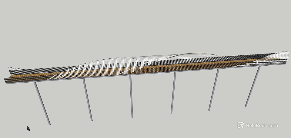 Modern Curved Landscape Bridge With Metal Frame And Support Pillars 3d model 