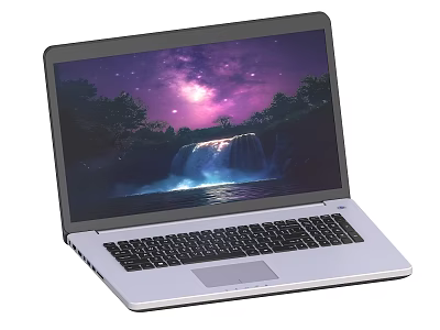 Portable Laptop Displaying Starry Sky Waterfall Natural Scenery Wallpaper On Screen 3d model