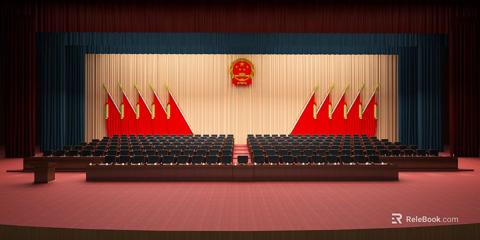Spacious Conference Room With Red Curtains Golden Emblem And Arranged Seats 3d model 