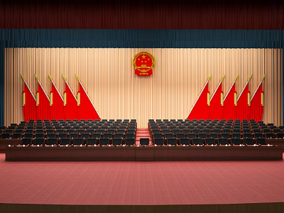 Spacious Conference Room With Red Curtains Golden Emblem And Arranged Seats 3d model