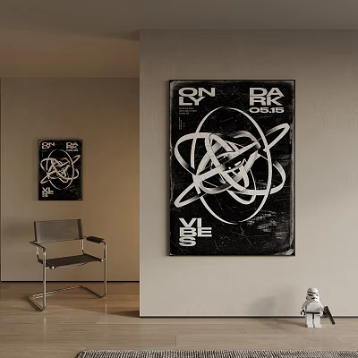 Abstract Painting Wall Art With Intertwined Lines Geometric Shapes And Text Elements For Interior Decor 3d model