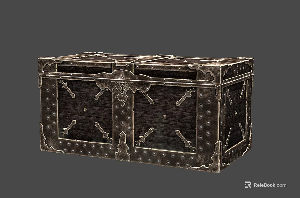 Vintage Wooden Trunk with Ornate Metal Hardware Rivets and Decorative Straps 3d model 
