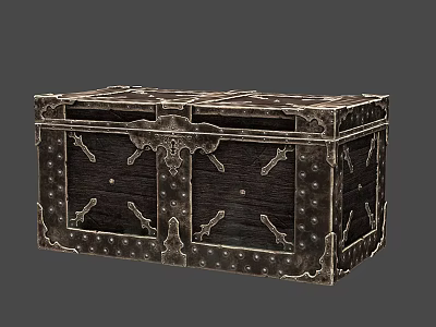 Vintage Wooden Trunk with Ornate Metal Hardware Rivets and Decorative Straps 3d model