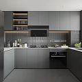 Modern Gray Kitchen Interior With Cabinetry Range Hood Stove Sink And Tiled Backsplash