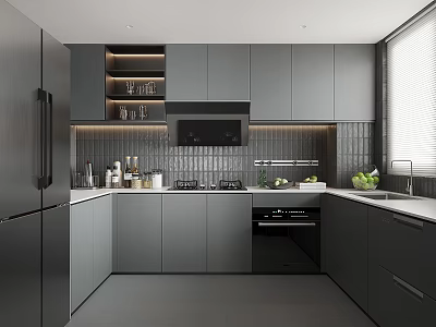 Modern Gray Kitchen Interior With Cabinetry Range Hood Stove Sink And Tiled Backsplash 3d model