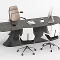 Modern Office Desk With Black Surface Computer Notebook Cup And Three Chairs 3d model