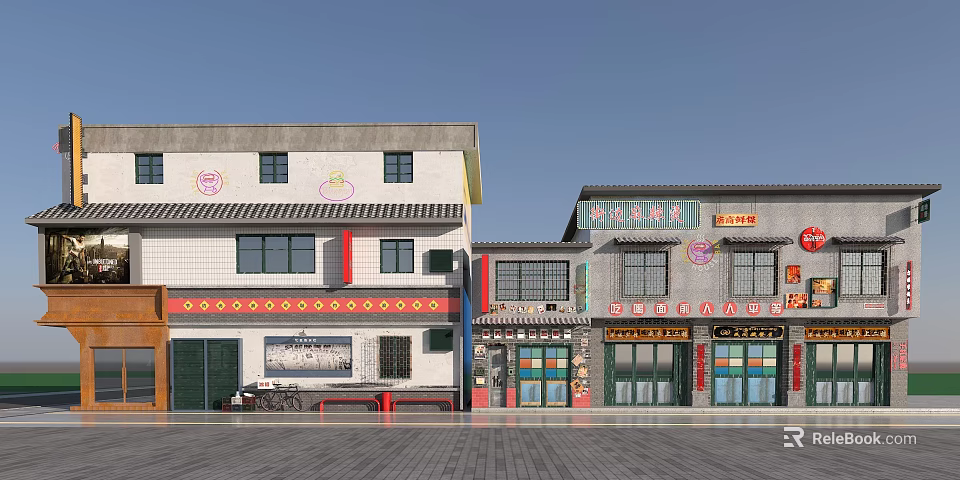 Traditional Commercial Street Featuring Traditional style Buildings Shops with Signboards and Red Decorative Strips 3d model 