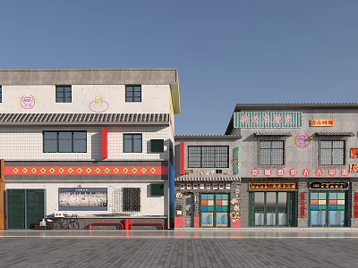 Traditional Commercial Street Featuring Traditional style Buildings Shops with Signboards and Red Decorative Strips 3d model
