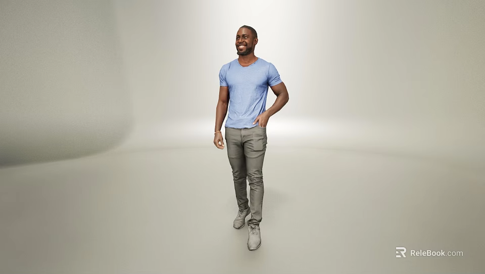 A Man In Blue T Shirt And Gray Pants Smiling Standing On Light Background 3d model 
