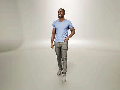 A Man In Blue T Shirt And Gray Pants Smiling Standing On Light Background 3d model