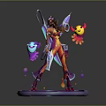 Vibrant Game Movie Character With Winged Accessories Holding Weapon And Colorful Creatures On Glowing Platform