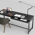 Modern Black Desk With Open Laptop Books Desk Lamp And Chair