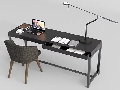 Modern Black Desk With Open Laptop Books Desk Lamp And Chair 3d model
