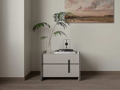 Modern White Nightstand With Plant In Vase Books And Small Sculpture On Top 3d model