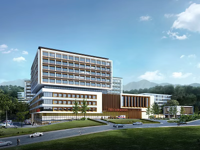 Modern Office Building Exterior Design With Green Landscape Trees And Mountains 3d model