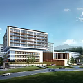Modern Office Building Exterior Design With Green Landscape Trees And Mountains