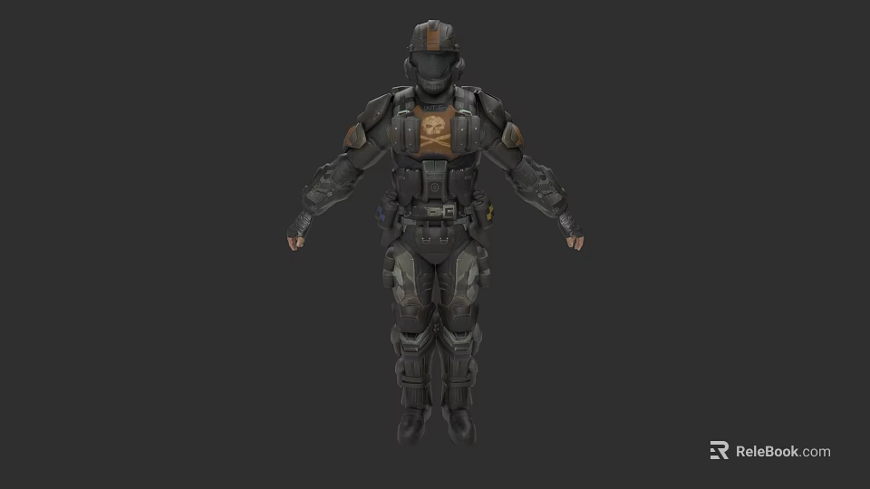 Game Movie Character In Full Body Tactical Armor With Skull Emblem And Helmet 3d model 