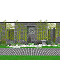 Garden Ornament Featuring Brick Wall Bamboo Plants Decorative Stones Circular Lattice and Stone Pavement