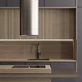 Modern Kitchen With Dark And Wooden Cabinets Island Range Hood And Sink