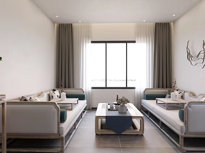 Modern Living Room Interior With Comfortable Sofas Wooden Coffee Table Windows And Curtains 3d model