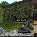 Modern Garden Landscape with Pine Trees Bamboo Rocks White Gravel Lantern and Seating Area