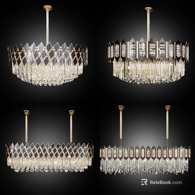 Elegant Crystal Chandeliers With Diamond Pattern Gold Frame And Hanging Design 3d model