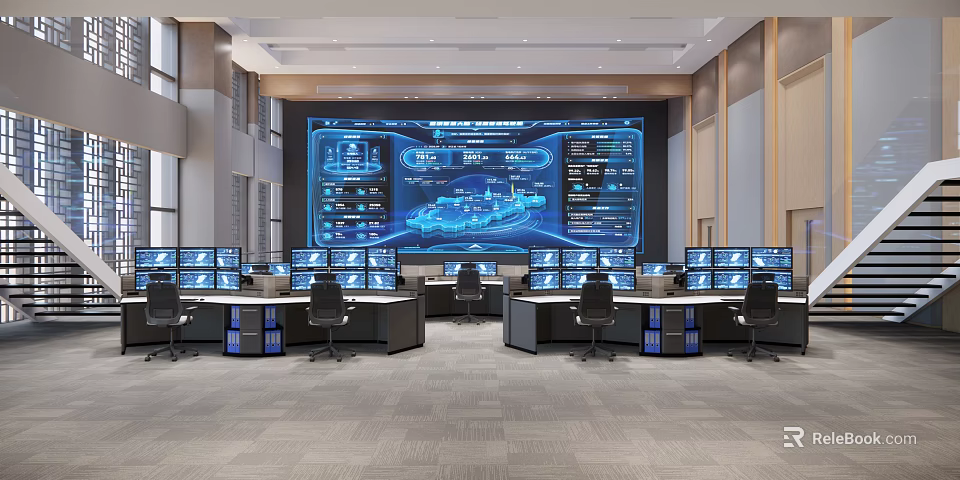 Modern Control Room Interior With Large Screen Multiple Monitors And Control Desks 3d model