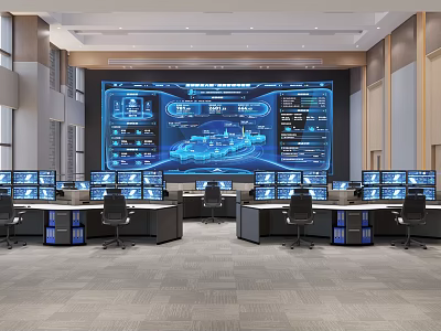 Modern Control Room Interior With Large Screen Multiple Monitors And Control Desks 3d model