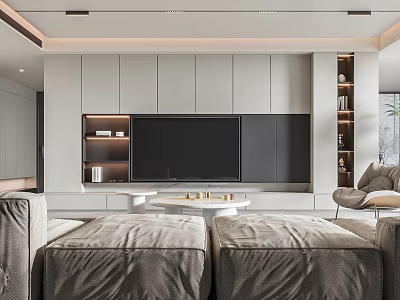 Modern Living Room Interior With Sofa TV Wall And Decorative Storage Shelves 3d model