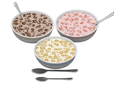 Delicious Colorful Cereal in Three Bowls with Different Flavors and Spoons 3d model