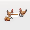 Two Brown Roosters And Roast Chicken Displayed On White Background 3d model