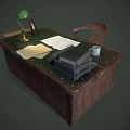 Wooden Office Desk With Green Lamp Coffee Mug Books Papers Photo Frame And Storage Boxes