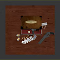 Open Wooden Case With Red Lining White Gun Bullets Playing Cards Dice And Black Revolver