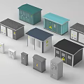 Various Types Of Industrial Electrical Equipment With Warning Signs And Colored Roofs