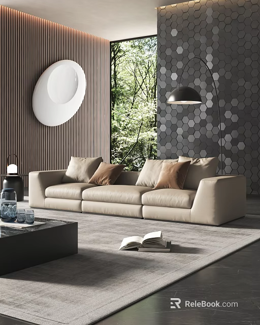 Modern Three Seater Beige Leather Sofa With Brown Cushions Hexagon Wall And Round Decor 3d model 