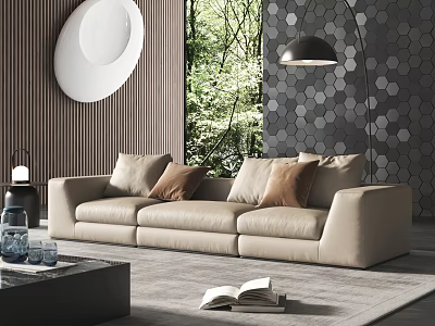 Modern Three Seater Beige Leather Sofa With Brown Cushions Hexagon Wall And Round Decor 3d model