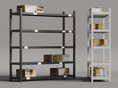 Black and White Display Shelves with Cardboard Boxes for Storage 3d model