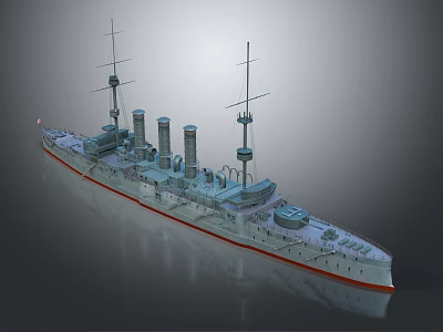 Vintage Battleship 3D Render With Multiple Masts Funnels Gray Hull Red Bottom 3d model