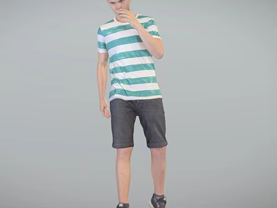 Man in Green White Striped T-Shirt and Black Shorts Touching Face Standing on Gray Background 3d model
