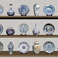 Decorative Ceramic Plates Vases And Jars With Blue White Traditional Patterns On Wooden Shelves