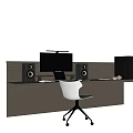Modern Wooden Desk Setup With Computer Monitor Laptop Speakers And Desk Lamp Gray Office Chair