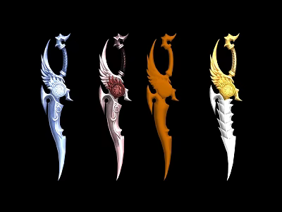 Fantasy Styled Decorative Weapons with Blue Red Orange Gold Variants and Wing Shaped Star Details 3d model