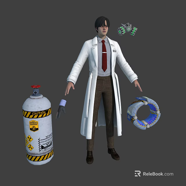 Scientist with Lab Coat Red Tie Green Microbes LPG Cylinder and Blue Light Ring 3d model 